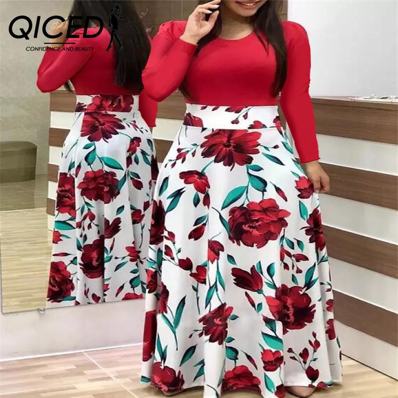 QICED Floral Print Patchwork Long Sleeve Bohemian Dress Women Spring Autumn O-Neck Big Swing Long Dresses