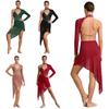 Womens Lyrical Dance Rhinestones Bodysuit Dress Single Long Sleeve Irregular Mesh Hem Dress