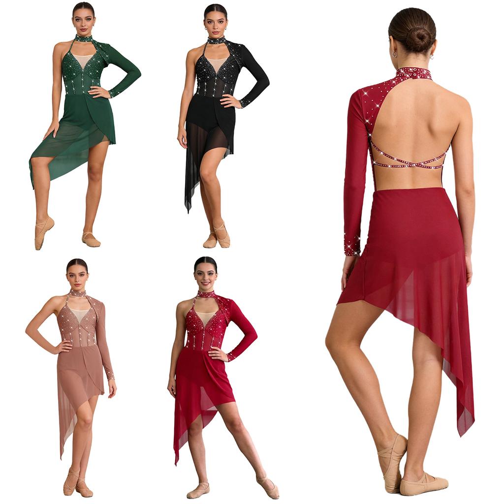 Womens Lyrical Dance Rhinestones Bodysuit Dress Single Long Sleeve Irregular Mesh Hem Dress