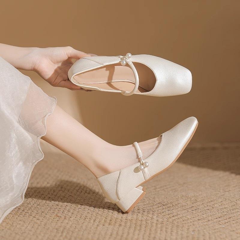 Huge soft! French low-heeled cheongsam shoes white Mary Jane single shoes leather shoes thick-heeled single shoes evening shoes women's shoes
