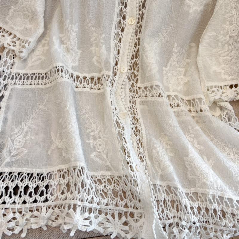 Dimanaf 2025 Новая летняя рубашка на пуговицах Женская кружевная блузка Вышивка Короткий рукав Модные топы Футболки Повседневные свободные футболки