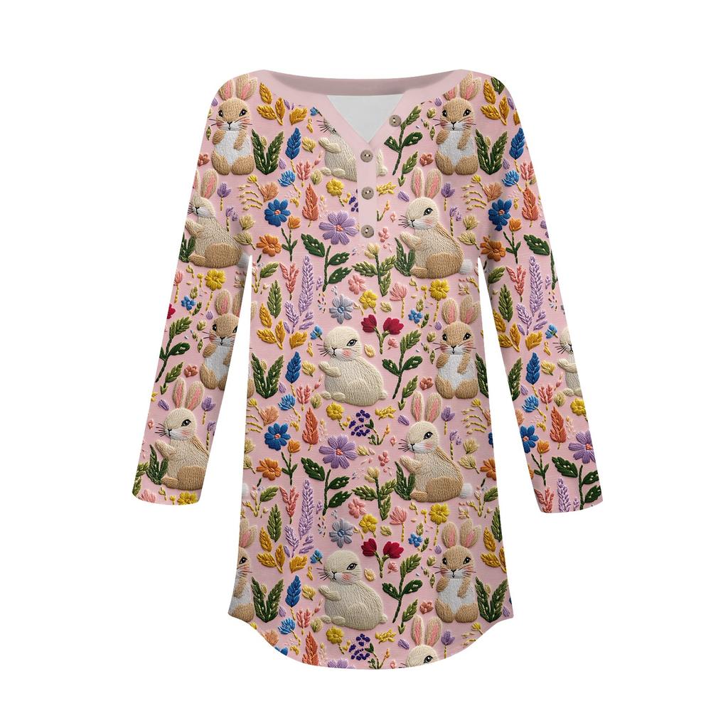 Women's 3/4 Sleeve Easter Egg Bunny Print Button Collar Fashion Casual Top