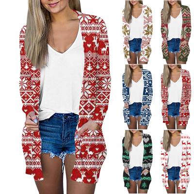 Рождественская женская модная повседневная куртка-кардиган средней длины с длинным рукавом и принтом