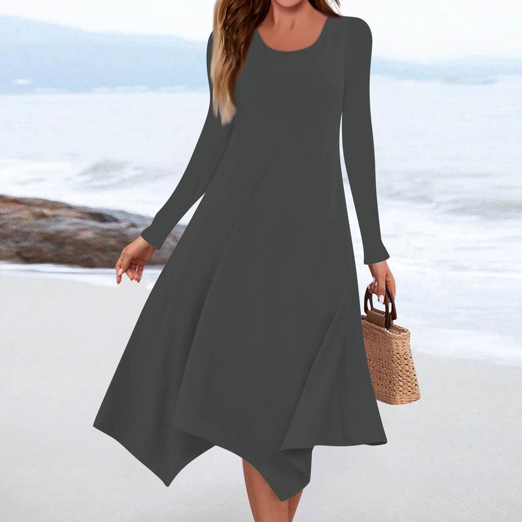 Women's Casual Fashion Round Neck Long Sleeve Solid Color Irregular Hem Midi Dress
