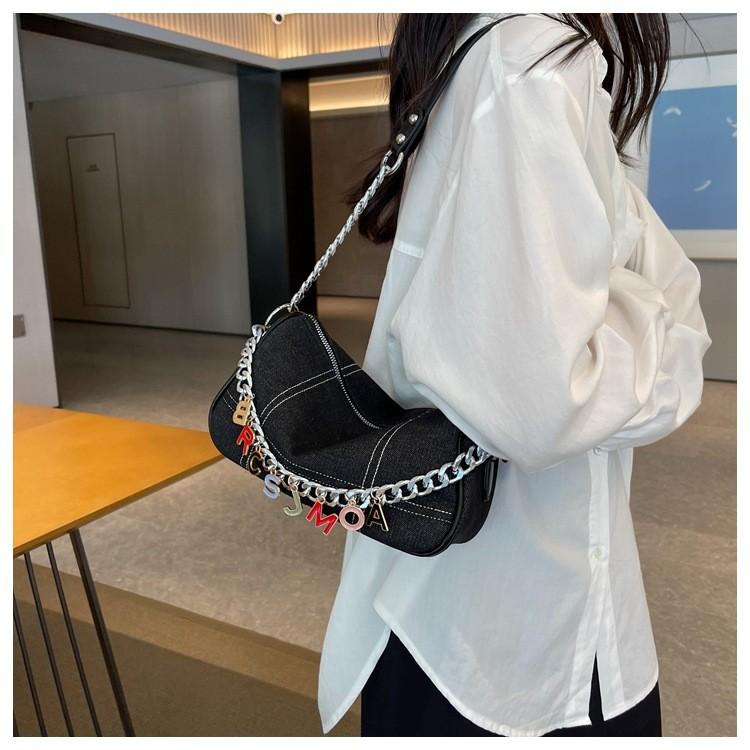 Ielgy Denim Canvas Underarm Bag French Chain Shoulder All-Match High-End Niche Dumpling Bag