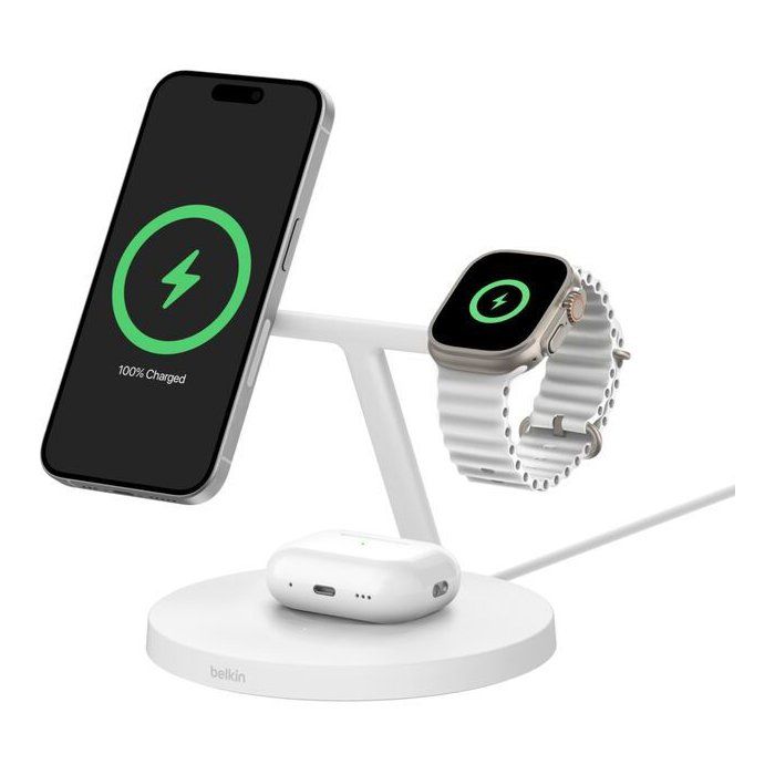 Station de recharge - BELKIN - Qi1 - 3-en-1 - 15 W - Blanc