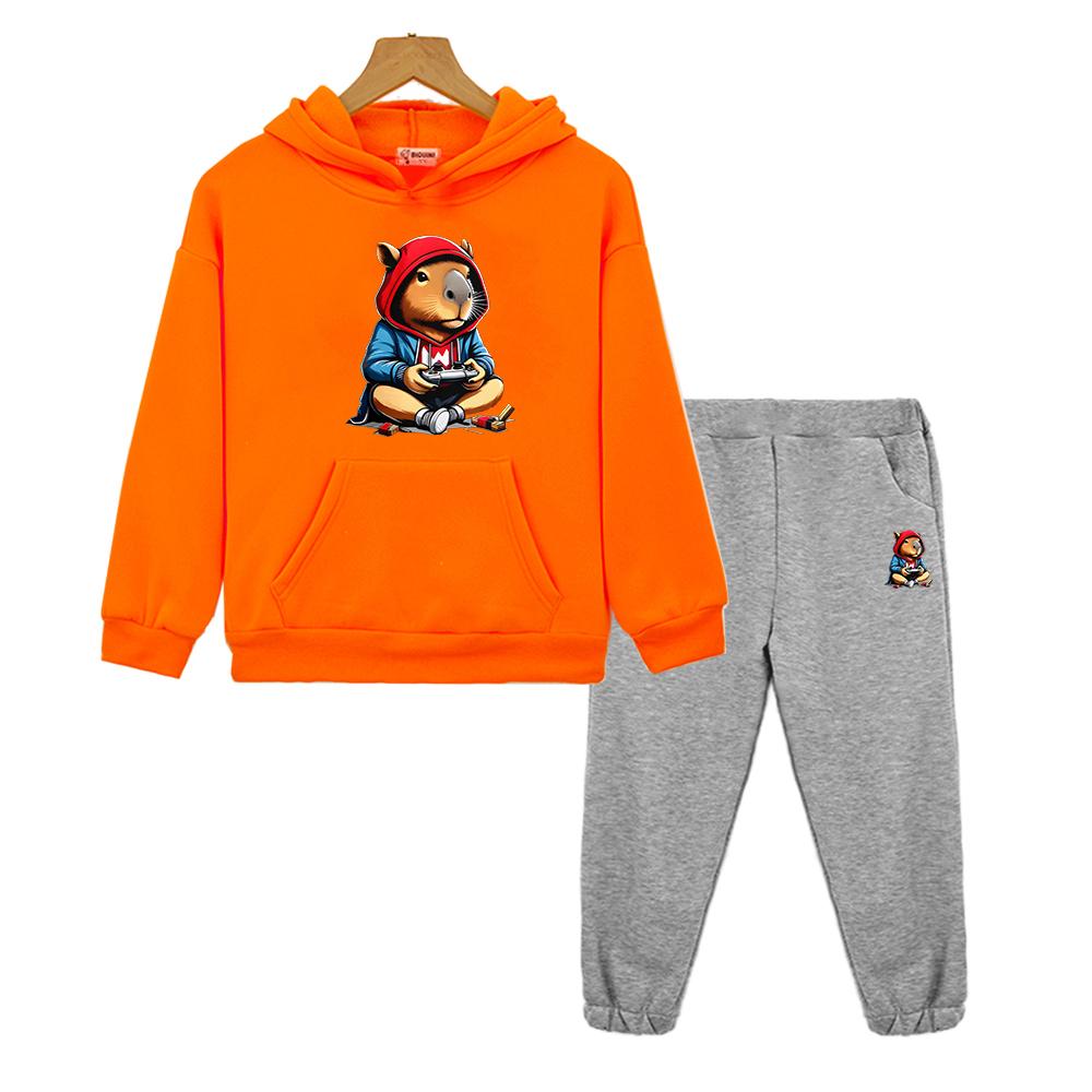 boys girls Hooded Spors Sets capibara print hoodie Fleece Sweatshirt Cartoon Jacket 2pcs pullover+Pant  kids boutique clothes