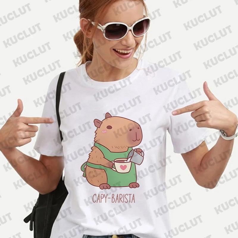 Cute Capybara Anime Women's T-shirt Casual Ulzzang Short Sleeve Tees Cartoon Graphic Y2K Tops Female Blouse Aesthetic Clothing