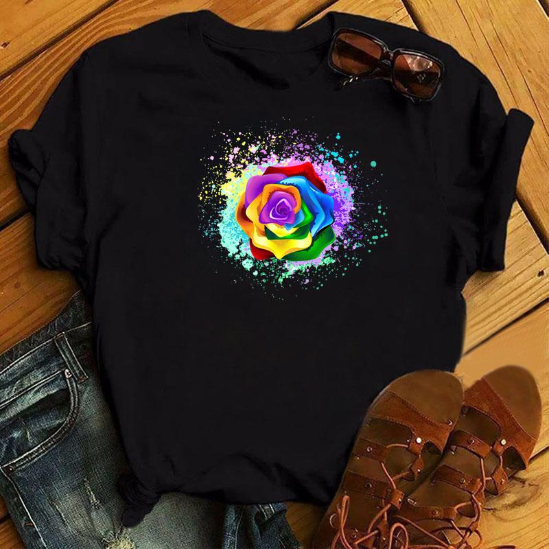 Футболка с принтом радужной бабочки, женская черная футболка 90-х годов, женская милая футболка с рисунком, женские летние футболки с круглым вырезом, топы