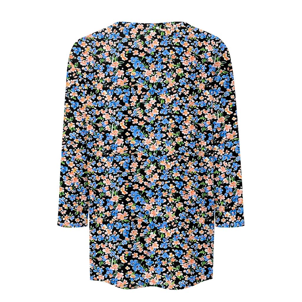 Women's Fashion Casual Three-quarter Sleeve Vintage Floral Print Round Neck Top