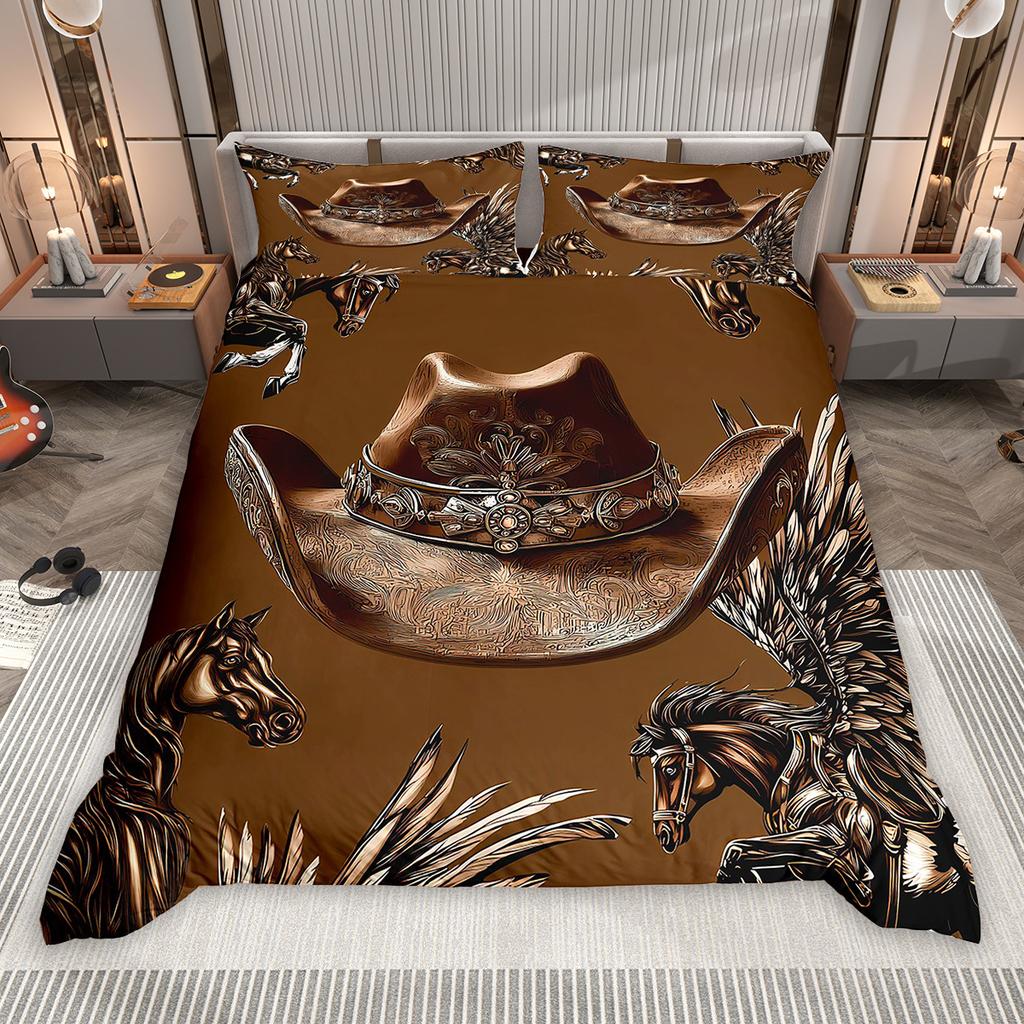 Homewish Southwestern Cowboy Cowgirl Duvet Cover Set 2Pcs/3Pcs Rustic Texas Star Bedding Retro Hat Boots Quilt Cover Set