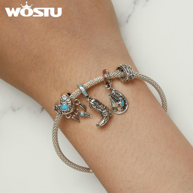 WOSTU Ковбойская шляпа из стерлингового серебра 925 пробы, очаровательные бусины, ковбойские кожаные сапоги, подвеска для браслета, ювелирные изделия своими руками