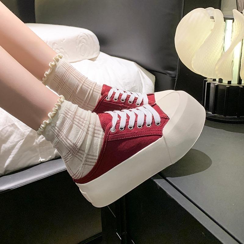 Модные новые летние женские тапочки-лодочки из парусины для скейтборда, туфли с внутренним увеличением на высоком каблуке, однотонные повседневные студенческие наружные женские тапочки