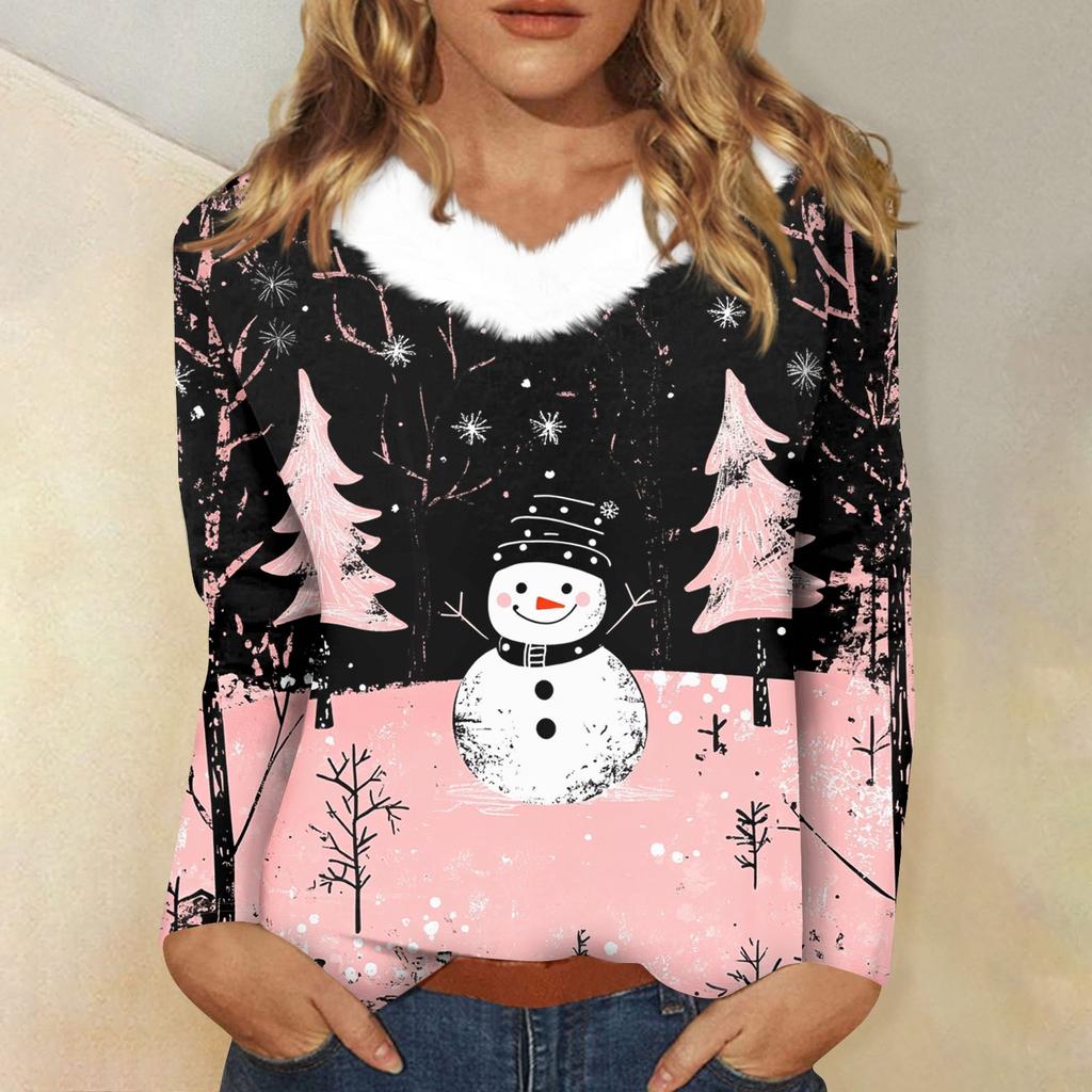 Женская футболка с длинным рукавом, рождественская вечеринка, плюшевый воротник, топ с V-образным вырезом