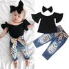 Toddler Baby Summer Clothing Baby Girl Off-Shoulder Flare Sleeve T-Shirt Leopard Jeans Sash Pants Headband 3Pcs Set