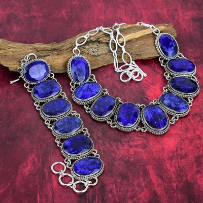 Браслет и ожерелье из чистого серебра 925 пробы с бирманским синим сапфиром ручной работы, комплект ювелирных изделий из драгоценных камней, комплект ювелирных изделий из сапфира новейшего дизайна, для нее