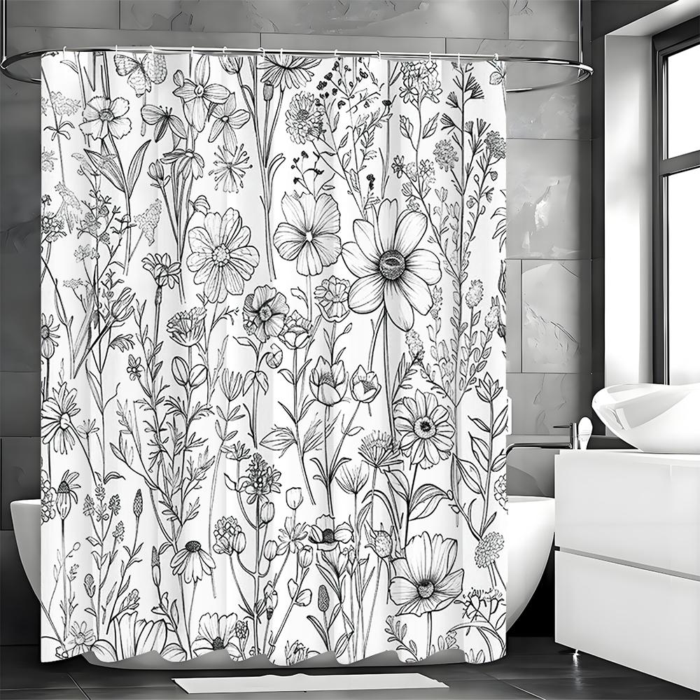 Black and White Floral Shower Curtain, Bathroom Decorative Shower Curtain, Waterproof Shower Curtain with Hooks
