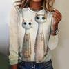 Женские футболки с принтом кота в стиле Харадзюку, осень/зима, с длинными рукавами, имитация хлопка, модные футболки с круглым вырезом, новинка 2024 года