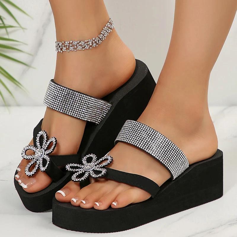Fashion Fashion Crystal Flower Wedges Slippers Women Summer Thick Bottom Clip Toe Sandals Woman Lightweight Plus Size Slides Shoes 36-42