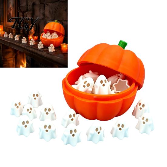 Decorative Pumpkin Container Halloween Box with 20 Mini Ghosts, Storage for Candy & Ghost Figurines Treat, Lid Trick or Treat Holiday Party