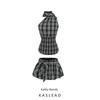 Kaslead New Arrival Women's Clothing Fashion Style Fashion Simple Plaid Halter Top Half-Length Skirt Outfit