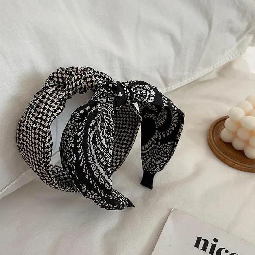 Flower Check Lattice Wide Side Korean Head Wrap Knot Headband Women Hair Hoop Grid Hairbands
