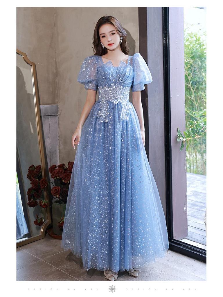Elegant Blue Long Evening Dress for Women - Luxury Banquet, Vocal Art Exam, Hosting Gown