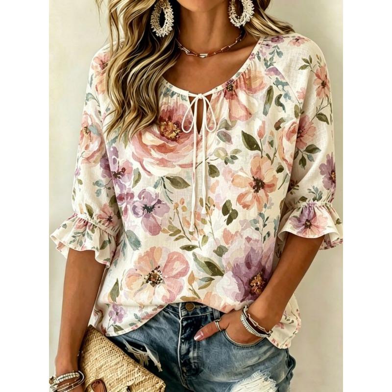Women's Light Grey Purple Iris Palm Leaf Floral Print Tie V Neck Ruffle 3/4 Sleeve Elegant Soft Spring Blouse