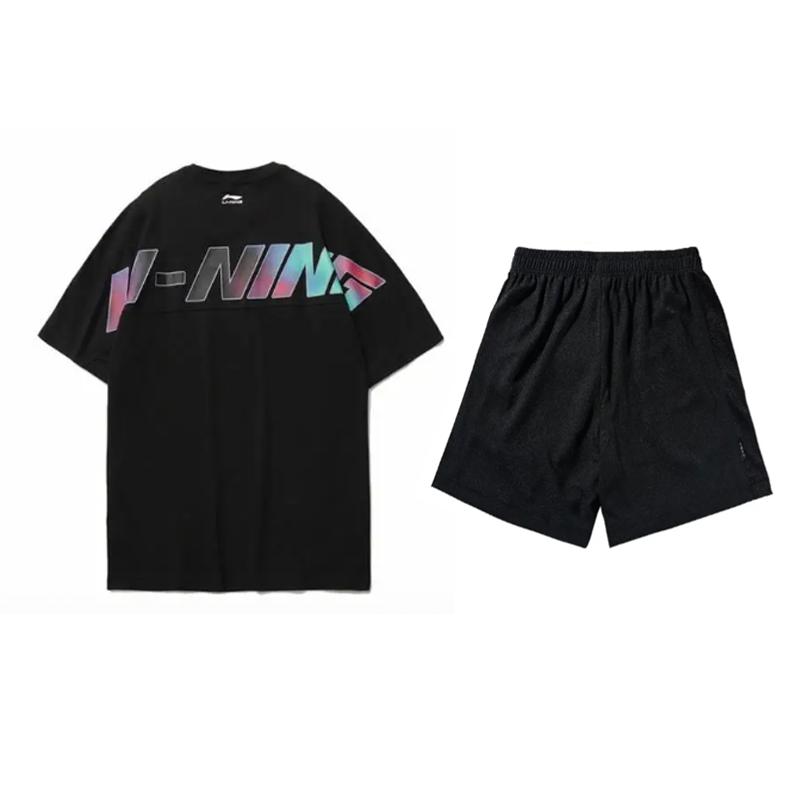 Li-Ning Летний мужской спортивный костюм с коротким рукавом и шортами, повседневный, модный, трендовый, приятный для кожи, дышащий, мужской костюм, черный AHSU997-2+YATV113-1