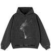 Streetwear Cat Graphic Side Pockets Pullover Unisex Oversized Washed Black Hoodie