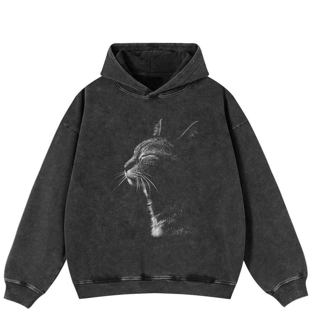 Streetwear Cat Graphic Side Pockets Pullover Unisex Oversized Washed Black Hoodie