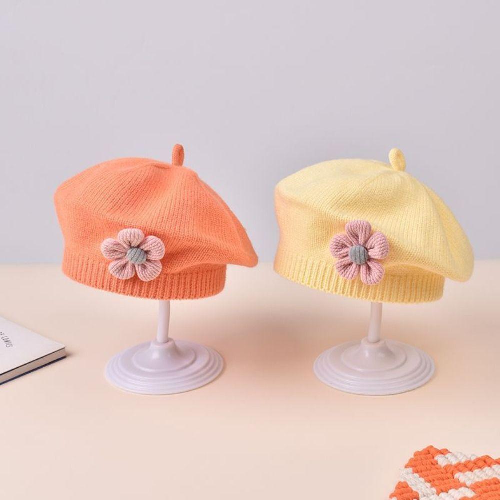Korean Baby Beret Hat Flower Baby Knitted Hat New Artist Painter Caps For Infant Girls