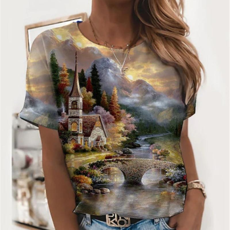 2023 New Women's Summer Short Sleeve T-shirt 3D Floral Print Round Neck Loose Casual Style T-shirt