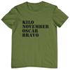 ФУТБОЛКА KILO NOVEMBER OSCAR BRAVO (грубый смешной оскорбительный армейский фонетический ручка) Футболка Unisex