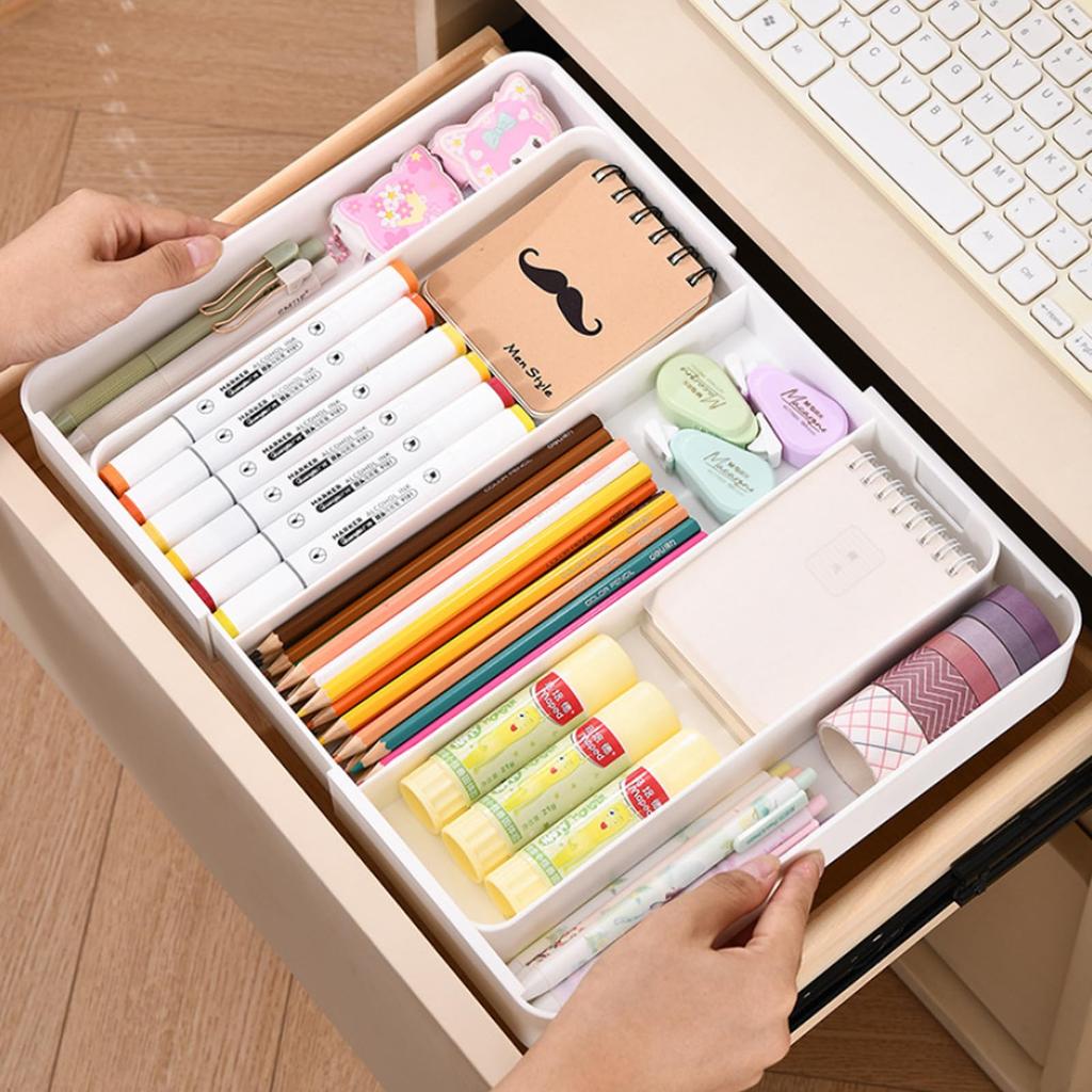 PakOne Cutlery Expandable Adjustable Cutlery Dish Kitchen Easy To Small Item Cosmetics Stationery X X Storage Box Expandable X X Case, 4-Sided Drawer,