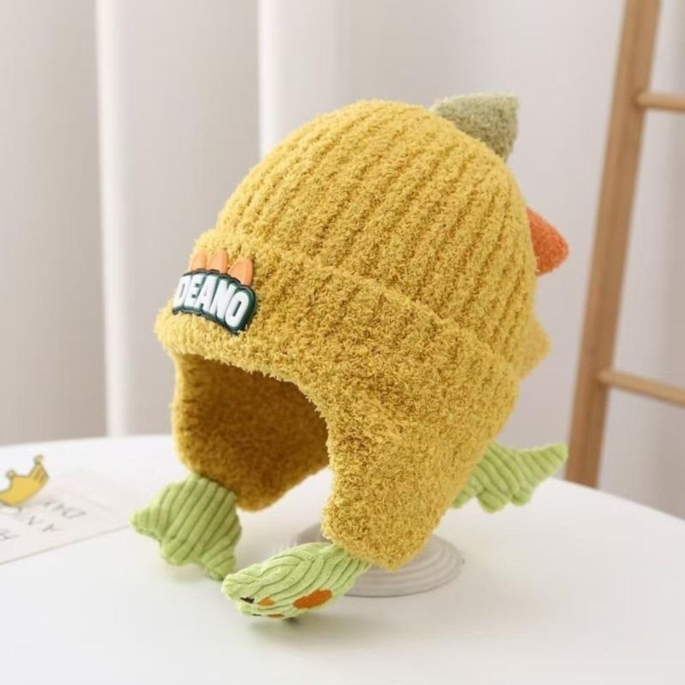Cute Dinosaur Pullover Cap Windproof Plush Knitted Cap New Ear Protection Hat 2-6Y