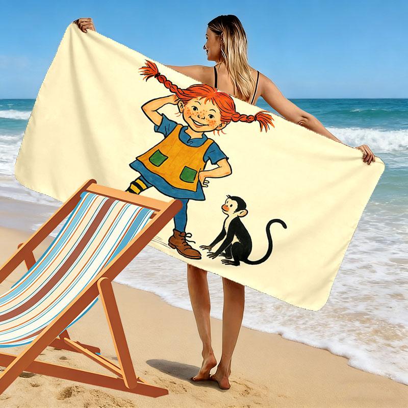 Pippi Cartoon Print Beach Towel, Large Soft Quick Dry Towel for Beach Camping Swimming