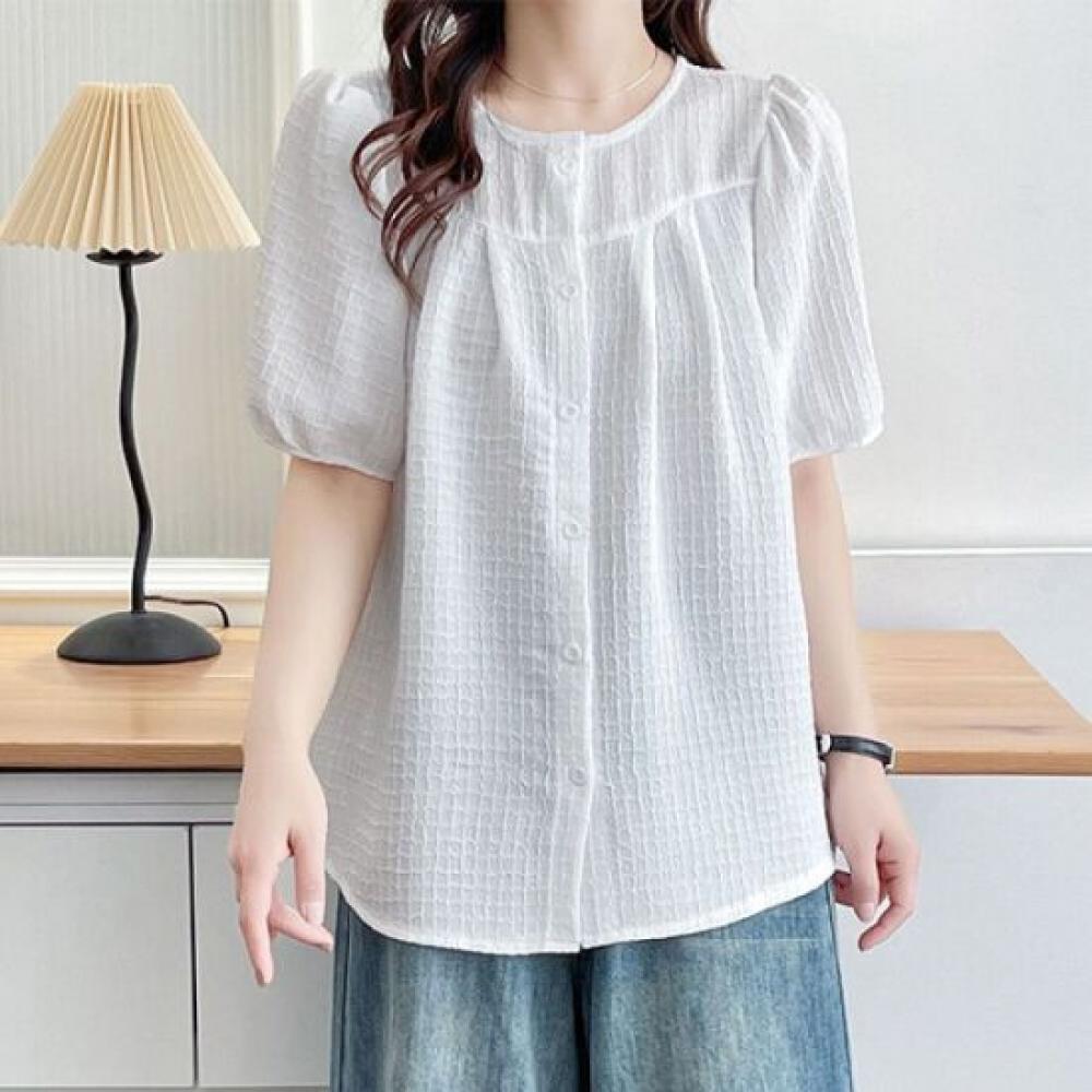 Navava Women Texture Button Short Sleeve Blouse Nb2724