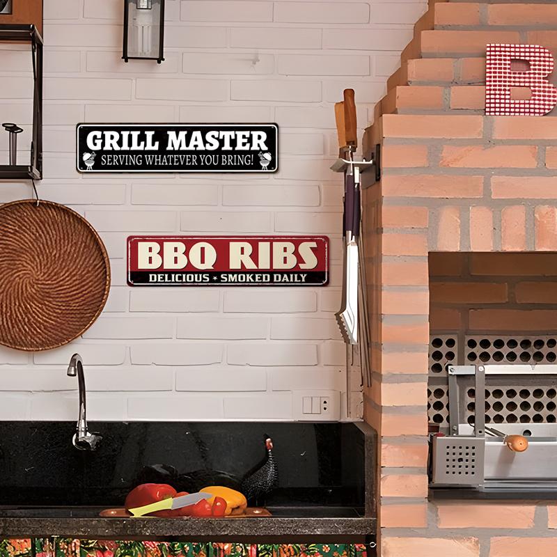 Grill Master BBQ Ribs Metal Signs Set Retro Home Wall Decor for Patio Grill Area Decor