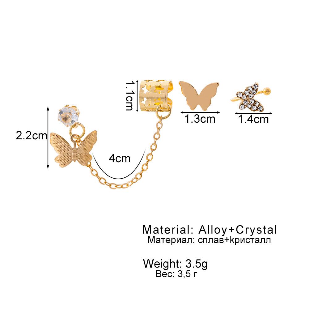 Exaggerated Rhinestone Butterfly Tassel Ear Cuff Set - Non-Pierced U-Shaped Alloy Stud Earrings