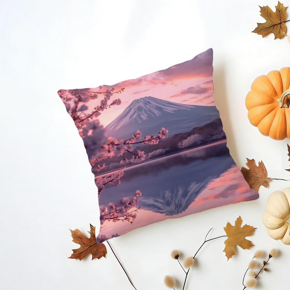 Japanese Cherry Blossom Fuji Mountain Sunset Cushion Cover Washable Linen Pillowcase Soft for Daily Sofa Bed Home Room Decor