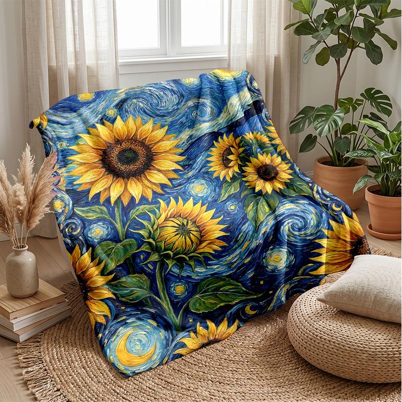 Sunflower Starry Night Theme blanket Lightweight Warm Flannel Blanket Decorative Throw Blanket for Home Decoration