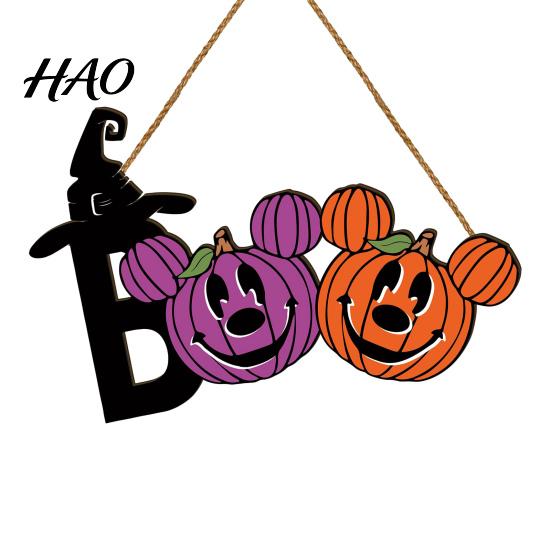 Decorative Wood Hanger Halloween Boo Door Sign, Mouse Shaped Wreath, Rustic Cute Pumpkin Holiday Gift for Friends Wall Hanging Plaque Front