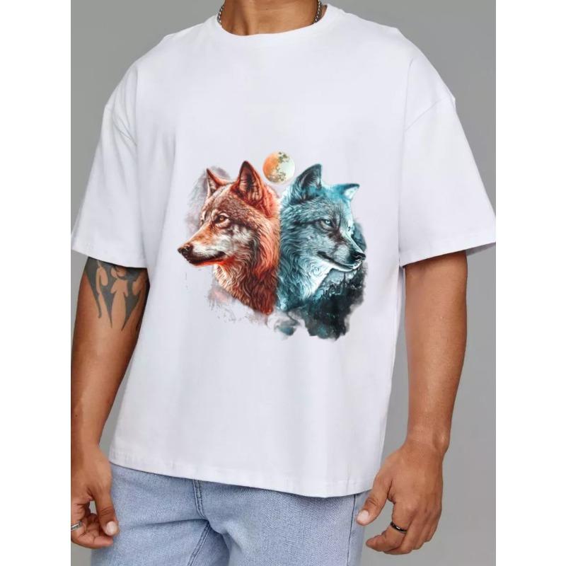 Wolf Graphic T Shirt White Two Wolves Design with Moon and Nature Elements Casual Wear for Men and Women Outdoor Adventure and Everyday Style