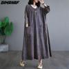 Winter Autumn Plus Size Women Denim Dress Cotton Casual Vintage Long Sleeve Loose Oversized Dress Pockets