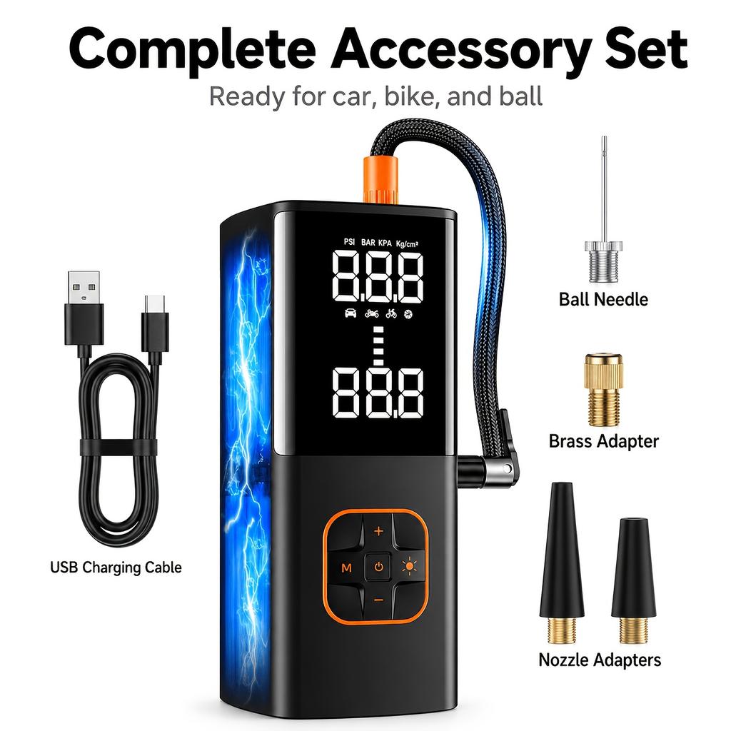Portable tire pressure gauge with integrated air pump for car tire inflation210PSI Air Pressure22Tank design with rechargeable battery LED Lighted