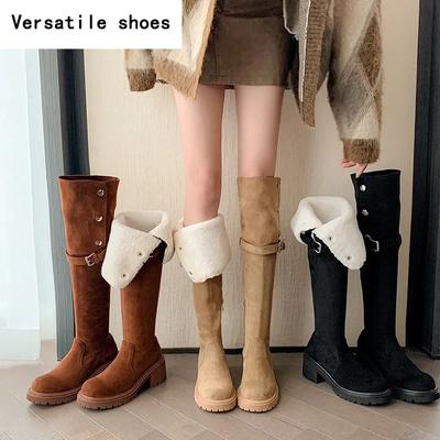 Винтажные женские сапоги выше колена на платформе, модные туфли с пряжкой на ремне, осень-зима, женские длинные сапоги на толстом каблуке