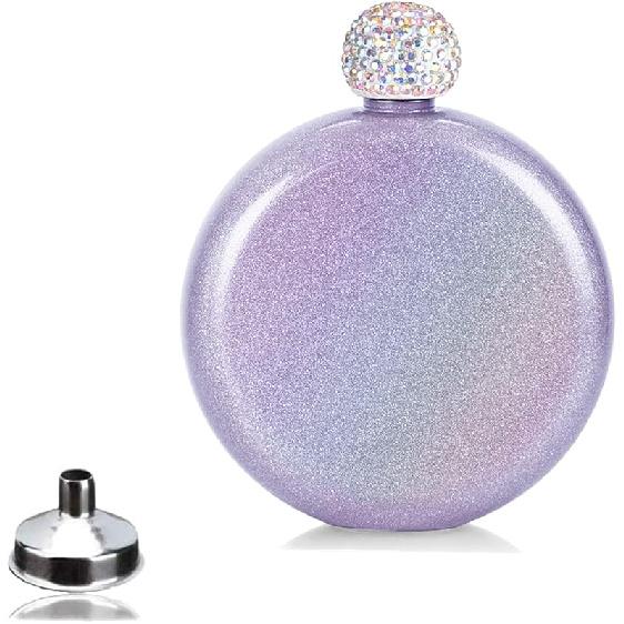 Cute Liquor Flask for Women, Junya 304 Stainless Steel,Pretty Glitter Coating Whiskey Flasks,Shining Rhinestone Cap,Portable Wine Flask for Drink Bar