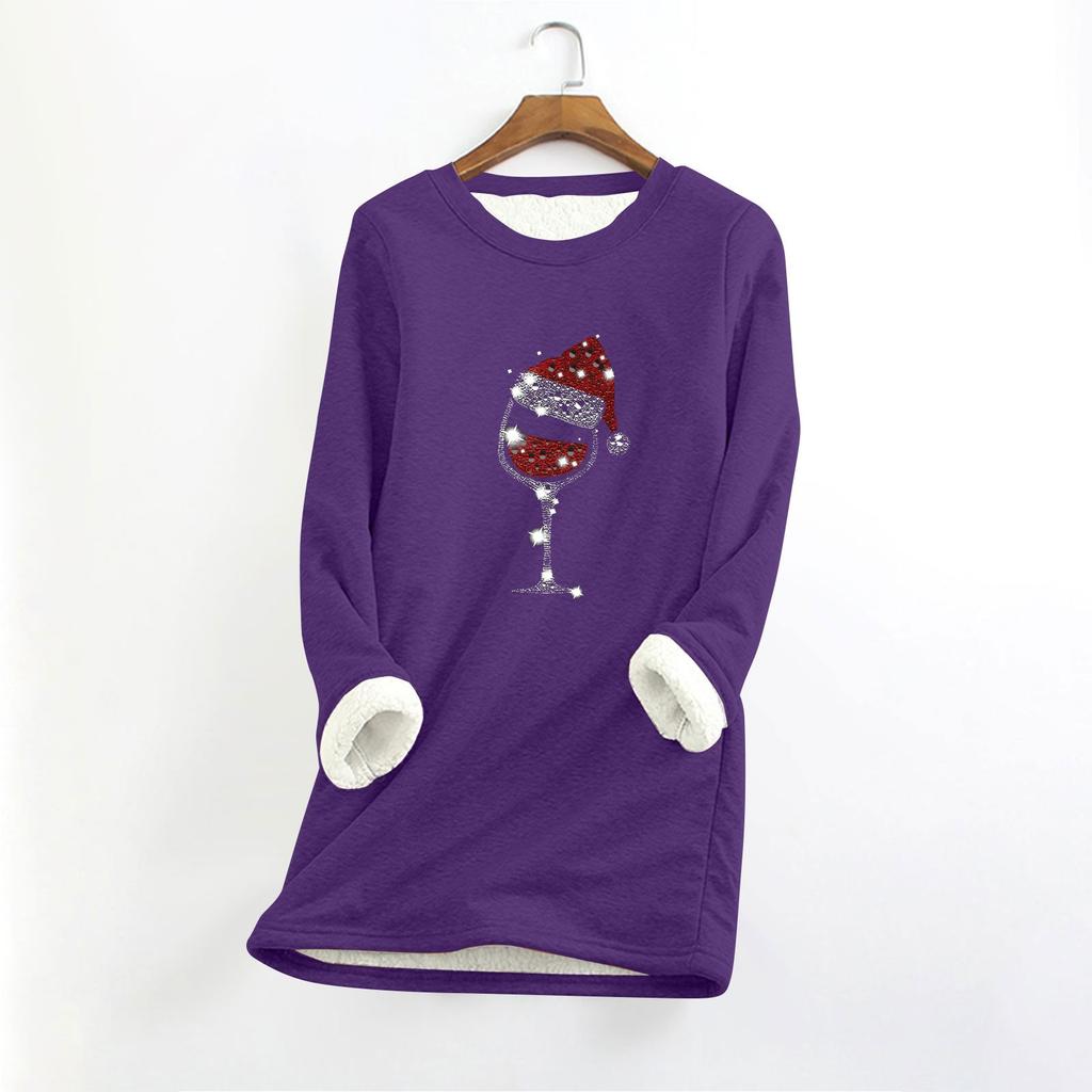 Женский круглый вырез с длинным рукавом и рождественским принтом, утолщенный плюшевый кашемировый теплый длинный топ