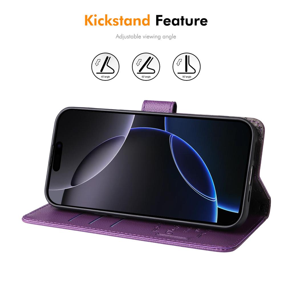 For iPhone 16 Pro Wallet Case with Strap RFID Blocking Leather Stand Phone Cover